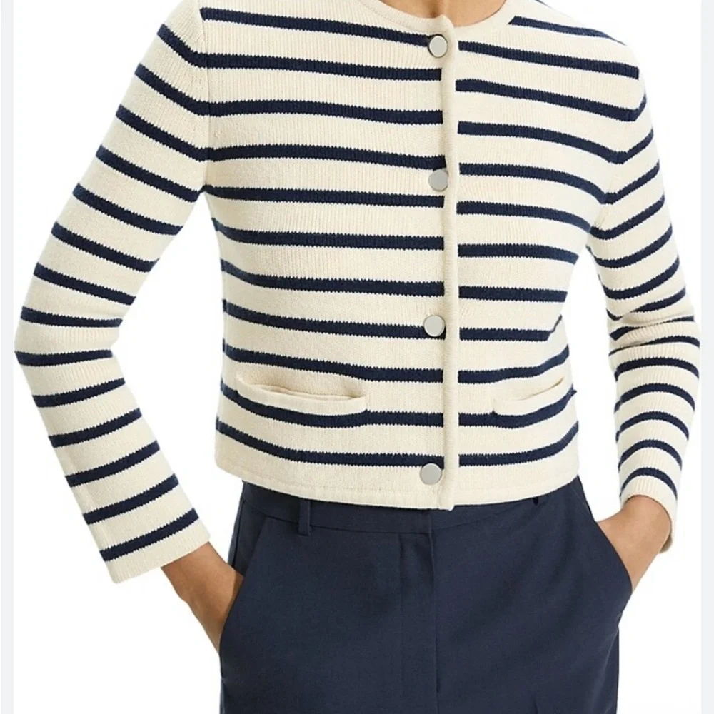 Theory Classic Cream and Blue Knit Cardigan - Picture 12 of 13